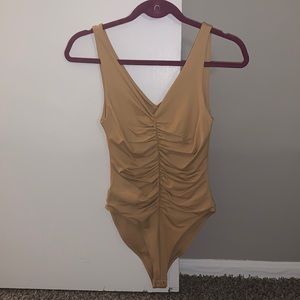 Ruched V-Neck Gold Bodysuit from Forever 21 Size S